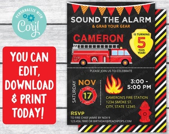 Firetruck Birthday Invitation ANY Age Fire truck Firefighter Fireman Party Chalkboard Style - DIGITAL Printable Invite 5” x 7” Self EDITABLE