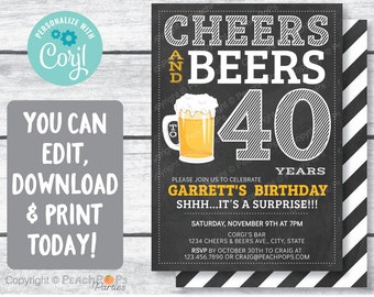 Cheers and Beers 40th Birthday Invitation ANY Age Surprise Chalkboard Birthday Party Men Women - DIGITAL Printable Invite 5 x 7 - Edit TODAY