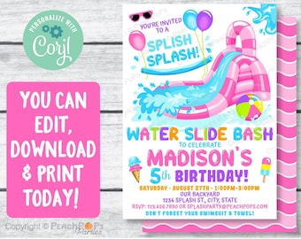 Editable Water Slide Birthday Splash Party Invitation - PINK - Any Age - Waterslide Bash - DIGITAL Printable Invite 5” x 7” Edit TODAY WS96