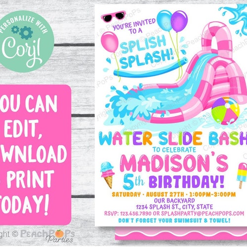 Editable Water Slide Birthday Splash Party Invitation Pink Etsy