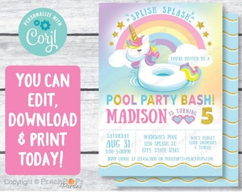 Unicorn Invitation - Unicorn Birthday Pool Party - Splish Splash Bash - Rainbow - DIGITAL Printable Editable Invite 5x7 Corjl Edit TODAY U34