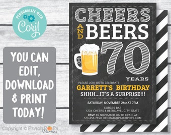 Cheers and Beers 70th Birthday Invitation ANY Age Surprise Chalkboard Birthday Party Men Women - DIGITAL Printable Invite 5 x 7 - Edit Today