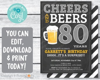 Editable Cheers and Beers 80th Birthday Invitation Party ANY Age Surprise - DIGITAL Printable Invite 5 x 7 - Edit TODAY!