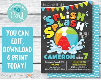 Birthday Splish Splash Invitation, Pool Party, Water Slide, Beach Ball, Boy or Girl, DIGITAL Printable Invite 5"x7" Self Editable Today SS62