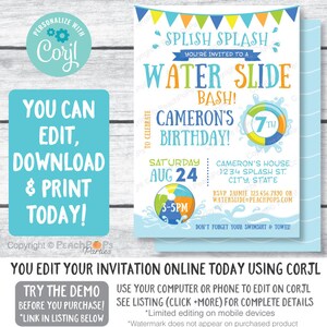 Splash Water Slide Waterslide Bash Birthday Pool Party Invitation - Blue - Boy or Girl - DIGITAL Printable Editable Invite 5”x7” Edit Today