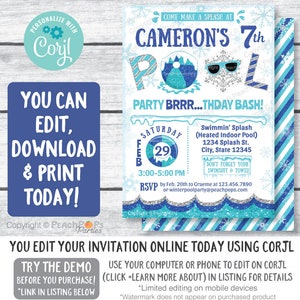 Blue winter pool digital editable birthday invitation you edit on Corjl. Pool with snowy blue beach ball letter o, glitter snowflake wearing sunglasses o. Silver,light blue snowflakes on white background. 5 by 7 inches, vertical,glitter bottom waves.