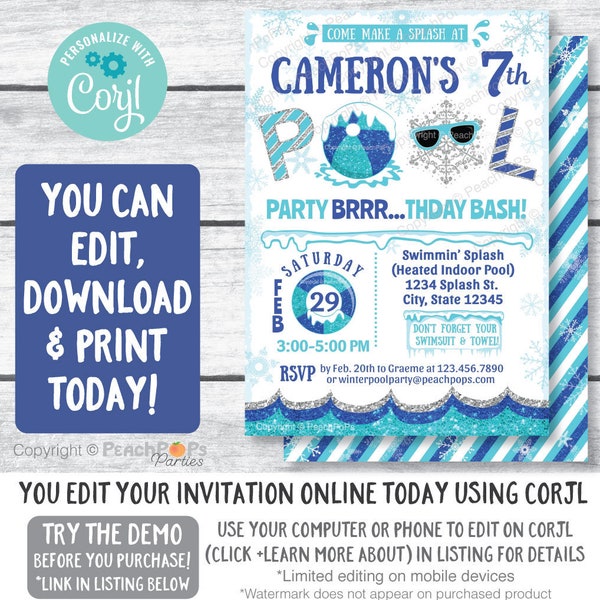 Winter Pool Party Birthday Invitation - Snow Swimming Pool - Blue - ANY Age - Glitter DIGITAL Printable Editable Invite 5x7 Edit TODAY BRR52