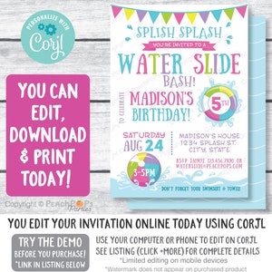 Water Slide Invitation - Splash Waterslide Birthday Bash - Pool Party Fun - Pink -  DIGITAL Printable Editable Invite 5” x 7” - Edit TODAY!