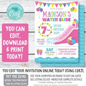 Water slide birthday party editable digital invitation that you edit in Corjl. Side facing inflatable pink water slide with pink, blue, yellow arch over top, water splash at end of slide. Balloon, beach ball, sandals, and sun rays in same colors.