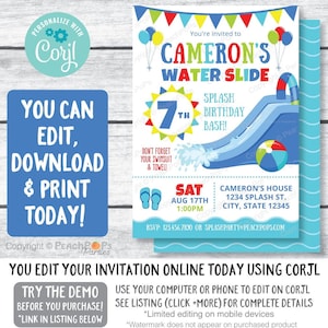 Blue water slide digital editable birthday invitation you edit on Corjl. Blue, green, yellow, red balloons and beach ball, on white 5 by 7 inch vertical background. Colorful sun rays around child age. Blue sandals next to info. Blue waves on bottom.