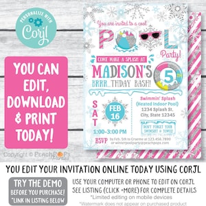 Winter Pool Party Birthday Invitation - Snow Swimming Pool - Pink - ANY Age - Glitter DIGITAL Printable Editable Invite 5x7 Edit Today BRR46