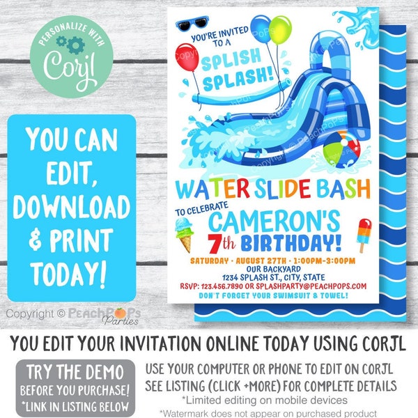 Editable Water Slide Birthday Splash Party Invitation BLUE Waterslide Bash - Boy or Girl - DIGITAL Printable Invite 5” x 7” Edit TODAY WS83