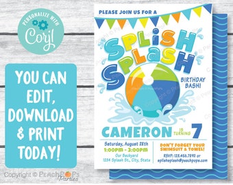 Birthday Splish Splash Invitation, Pool Party, Water Slide Beach Ball Boy or Girl DIGITAL Printable Invite 5x7 Self Editable Edit TODAY SS81