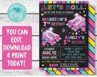 Roller Skate Birthday Invitation PINK Roller Skating Chalkboard Style Any Age DIGITAL Printable Invite 5”x7” Self Editable, Edit TODAY