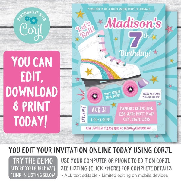 Roller Skating Birthday Invitation - Rollerskating Party Glitter Retro Style ANY Age - DIGITAL Printable EDITABLE Invite 5” x 7” Edit Today!