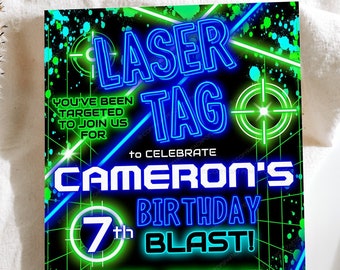 Invitation d’anniversaire d’étiquette laser modifiable, invitation d’étiquette laser au néon, fête d’étiquette laser lumineuse, bleu vert, invitation numérique imprimable 5x7 pour fille garçon LT247