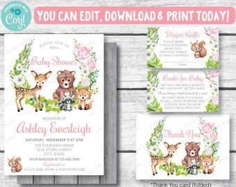 Woodland Baby Shower Invitation Set, Pink, Rustic, Diaper Raffle, Books for Baby, Thank you card, DIGITAL Self Editable kit - Edit TODAY!