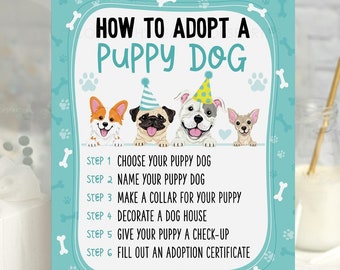 EDITABLE Dog Pawty Sign, DIGITAL How to Adopt a Puppy Dog Table Party Sign, Printable Birthday Sign, Blue, Teal, 8x10 Birthday Sign DP108