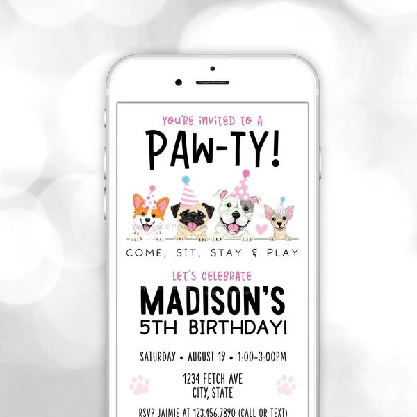 Lets Pawty TEXT Birthday Invite Editable Puppy Phone Invitation Pink Any age DIGITAL Electronic Mobile Invite Text or Email Invite DP124