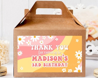Editable Groovy Birthday Party Favor Label, Daisy Gable Gift Box Label, 70s Hippie Young Wild Three Boho Retro DIGITAL Printable Corjl GV143