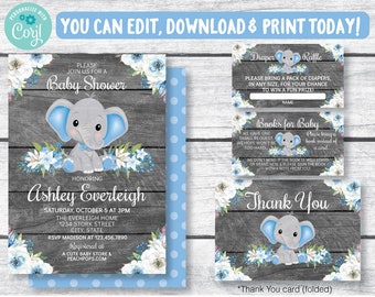 Boy Elephant Baby Shower Invitation Set, Blue, Rustic, Diaper Raffle, Books for Baby, Thank you card, DIGITAL Self Editable kit - Edit TODAY