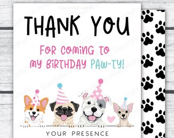Editable Dog Pawty Thank You Card Puppy Birthday Thank You Note Pink Dogs Party Thanks DIGITAL Printable 4x6 Card You Edit Today DP124