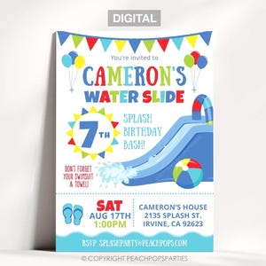 Splash Wasserrutsche Geburtstagsfeier Einladung Waterslide Bash Pool Blau - Junge oder Mädchen - DIGITAL Printable Bearbeitbar Einladen 5x7 Bearbeiten HEUTE WS35 Bild 1
