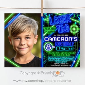 Laser Tag Geburtstagseinladung, EDITIERBARE Neon Glow Laser Tag Party Einladung, Blau, Grün, DIGITAL druckbare 7x5 Corjl Vorlage LT247