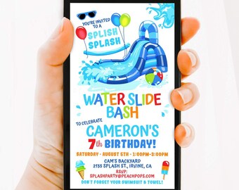 Water Slide Splash Birthday Party TEXT Invitation, Blue WaterSlide Bash DIGITAL EDITABLE Electronic Phone Invite, Edit, Text or Email WS83