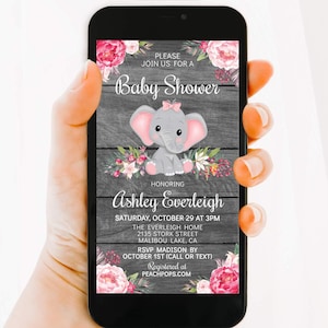 Elephant Baby Shower TEXT Invitation, Pink, Girl Jungle Floral Safari, DIGITAL EDITABLE Electronic Smartphone Invite, Edit, Text or Email!