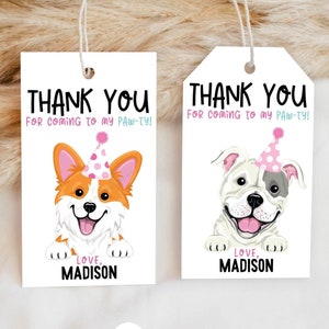Bearbeitbarer Hund Pawty Danke Geschenkanhänger - 4 Hunde - Geburtstag Pawty Favor Tag - Welpen-Geburtstagsfeier-Tag - DIGITAL druckbare Marke 2 "x 3,5" DP124