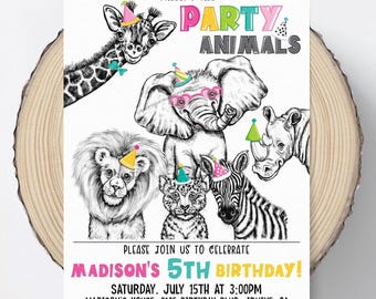 Faire-part d'anniversaire modifiable fêtards, animaux sauvages de safari, zoo, garçon, fille, invitation imprimable numérique 5 x 7 pouces - modifier aujourd'hui ! SA132
