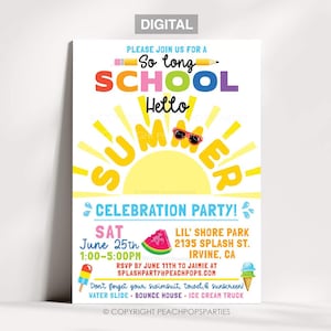 Ende der Schulparty-Einladung, Hallo Sommer, Schule ist aus, Sonne, Hüpfen, Wasserrutsche DIGITAL Printable EDITIERBAR Einladen 5 "x 7" ""Bearbeiten Today SL92""."