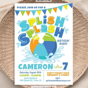 Birthday Splish Splash Invitation, Pool Party, Water Slide Beach Ball Boy or Girl DIGITAL Printable Invite 5x7 Self Editable Edit TODAY SS81