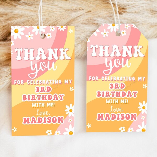 Editable Thank You Tag Groovy Thanks Daisy Young Wild Three Any Age Party Favor Tag Pink Orange Birthday Gift Tag DIGITAL Printable GV143