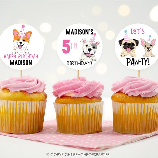 Cupcake Toppers Dog Birthday Toppers Puppy Pawty Circle Topper DIGITAL Printable 2” Round Favor Tags Editable Pup Party Cake Toppers DP124