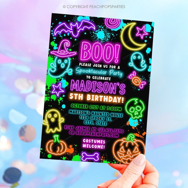 Neon Halloween Party Invitation, Editable Spooky Costume Party Invite, Glow Party, Boo, Birthday Invite, DIGITAL 5x7 Printable Invite HH242