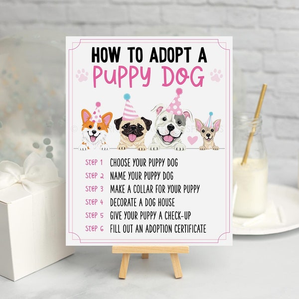 EDITABLE Dog Pawty Sign, DIGITAL How to Adopt a Puppy Dog Sign, Party Games Table Sign, Printable Birthday Sign, 8x10 Birthday Sign DP124