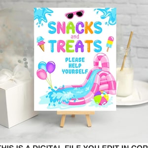 May include: A printable 8x10 inch sign with a pink and blue water slide, a beach ball, and balloons. The sign says "Snacks and Treats" and "Please Help Yourself".