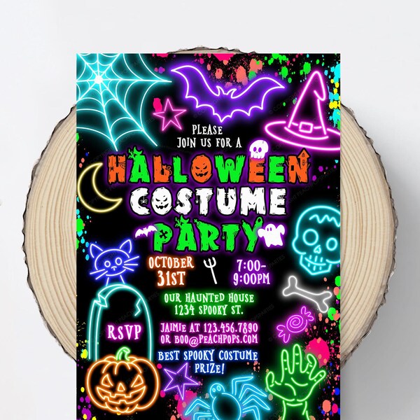 Neon Halloween Costume Party Invitation, Spooky Halloween Party Invite, Glow Party, Modern Birthday, DIGITAL 5x7 Printable Invite Edit Today