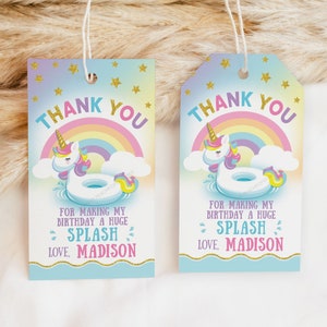 Bearbeitbares Einhorn-Dankeschön-Tag, Pool-Geburtstags-Gastgeschenk-Tag, Regenbogen-Geburtstags-Party-Geschenk-Label-Tag, DIGITALER druckbarer Tag 5 x 3,5 Zoll U34 Bild 1