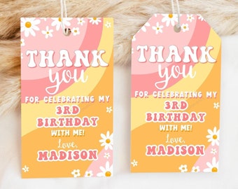 Editable Thank You Tag Groovy Thanks Daisy Young Wild Three Any Age Party Favor Tag Pink Orange Birthday Gift Tag DIGITAL Printable GV143