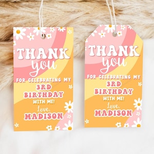 Étiquette de remerciement modifiable Merci Daisy Young Wild Three tout âge étiquette de cadeau d'anniversaire rose Orange étiquette imprimable numérique GV143