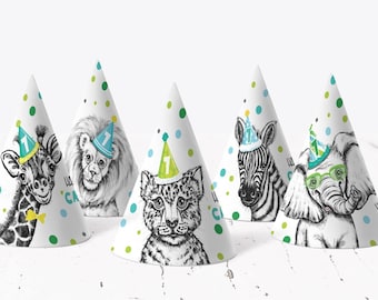 Safari Party Animals HATS Birthday DIGITAL Wild Jungle Zoo Party Printable Corjl Template SA186