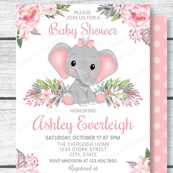 Elephant Baby Shower Invitation, Pink, Girl Jungle Flowers Floral Safari,  DIGITAL Printable Invite 5”x7” Self Editable, Edit Today!