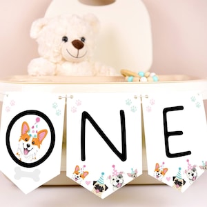 Puppy Dog Pawty Highchair Banner, EDITABLE 1st Birthday Garland, DIGITAL Printable One Party Bunting Dogs Chair Decor Corjl Template DP289