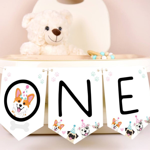 Puppy Dog Pawty Highchair Banner, EDITABLE 1st Birthday Garland, DIGITAL Printable One Party Bunting Dogs Chair Decor Corjl Template DP289