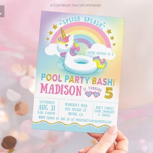Unicorn Invitation - Unicorn Birthday Pool Party - Splish Splash Bash - Rainbow - DIGITAL Printable Editable Invite 5x7 Corjl Edit TODAY U34