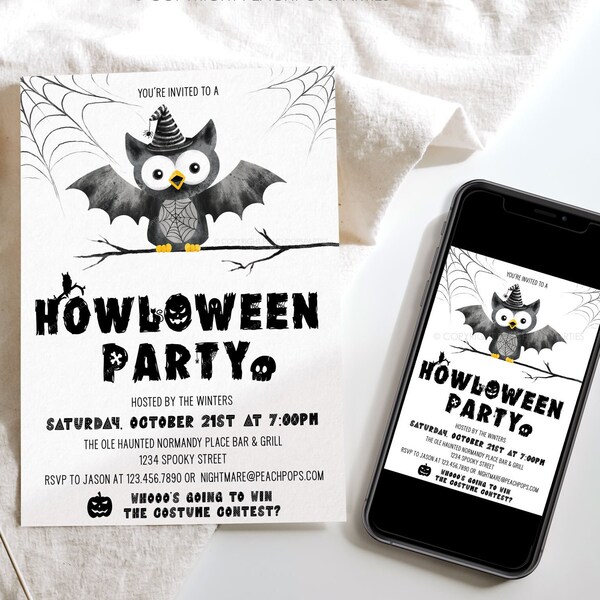 Halloween Party Invitation Editable Owl Howloween Costume Party Invite Watercolor Bat Owl Witch DIGITAL Printable 5x7 Template - Edit Today!