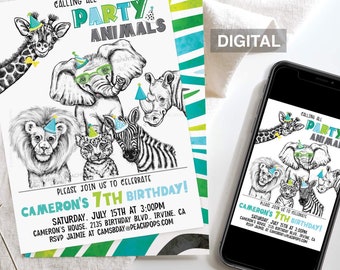 Safari Animals Birthday Invitation: Digital Wild Zoo Party, Blue, Green, DIGITAL Invite 5x7 SA186